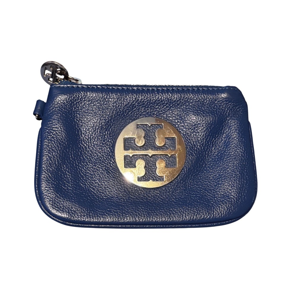 Tory Burch‎ Navy Blue Pebbled Leather Coin Purse Logo Medallion Zip Wallet